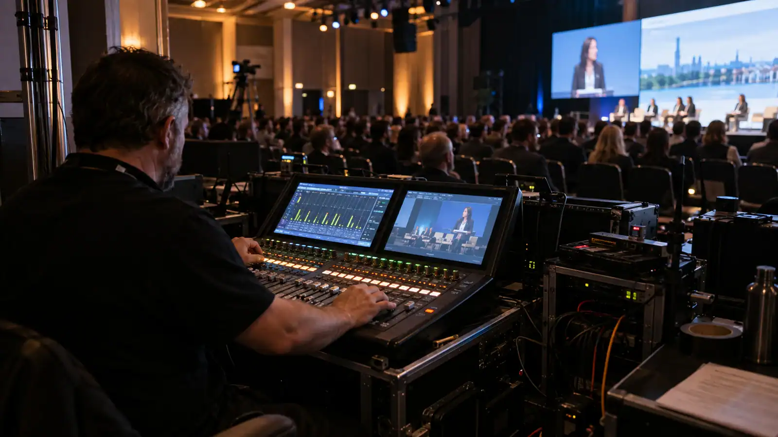 AV technician operating a control desk at a conference with large LED screens, a stage and an audience.