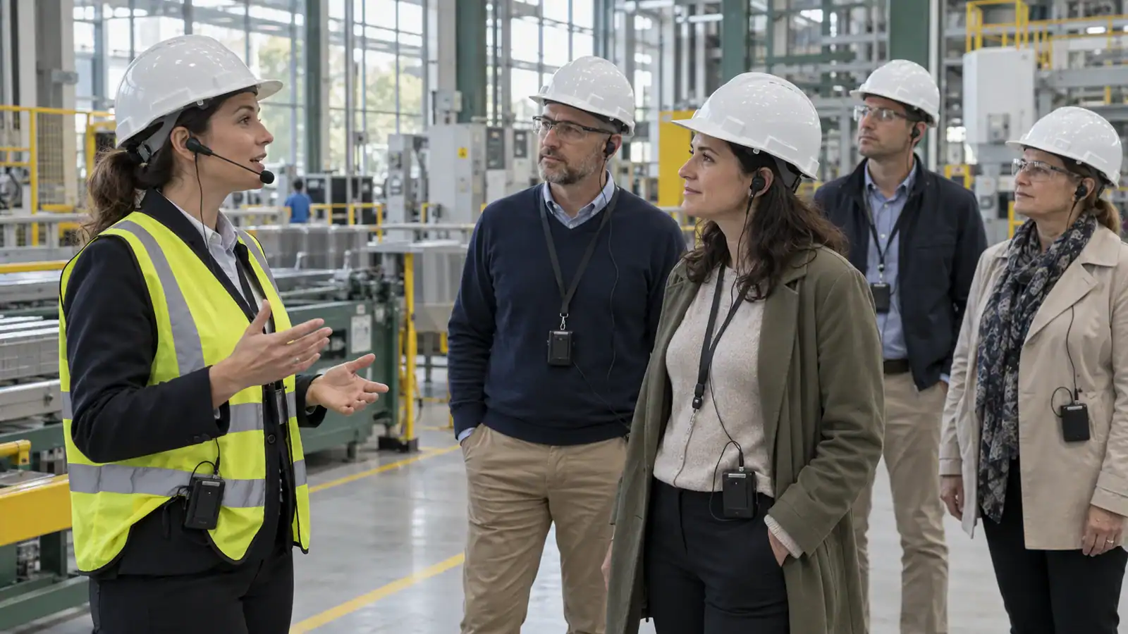 Guide and visitors using wireless tour guide receivers during an industrial visit.